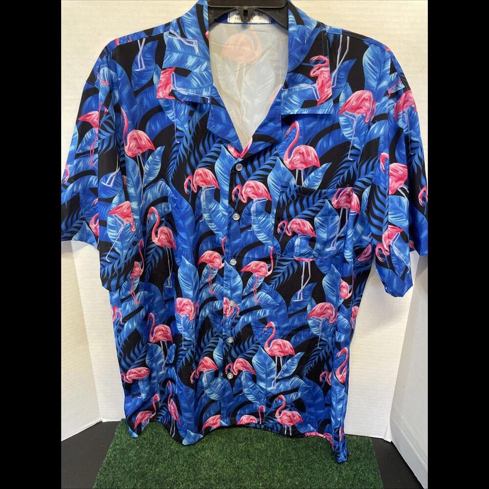 Vintage Mens Hawaiian Shirt Flamingos Retro Hawaii Look Size Large